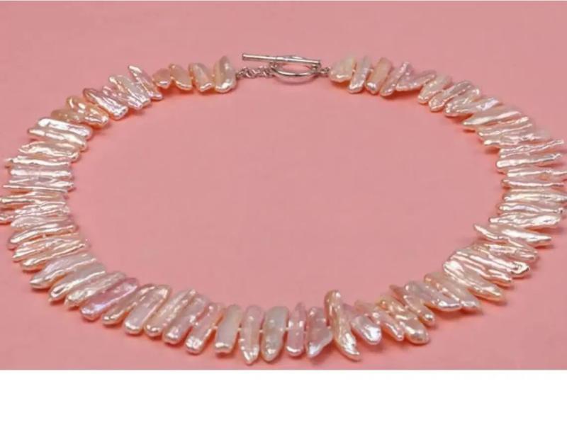 Pink Freshwater Biwa Pearl Necklace - Women's Irregular Stick-shaped Jewelry