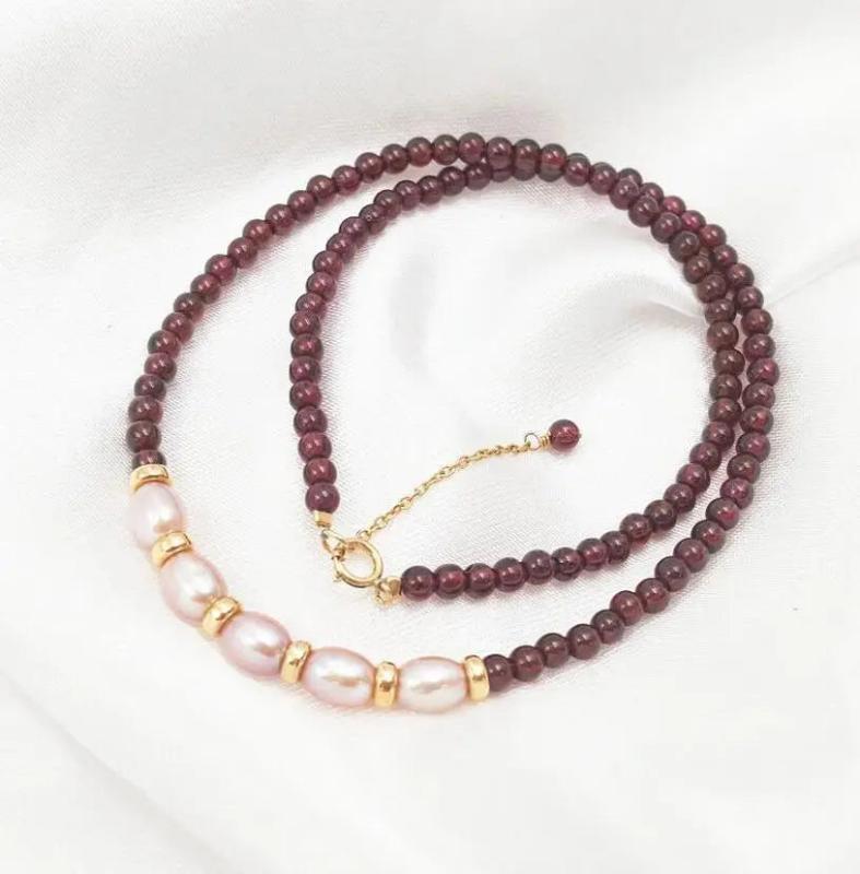 Red Garnet Pearl Silver Choker Necklace 16''