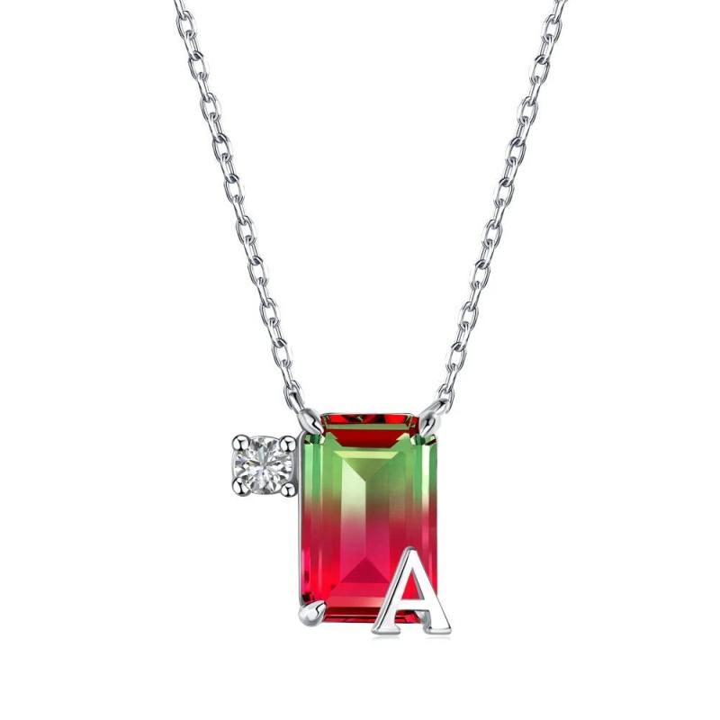 925 Silver Diamond Gemstone Necklace A-W Letters Pendant