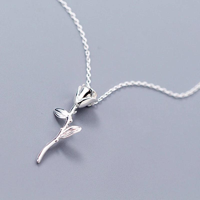 925 Silver Rose Flower Pendant Necklace - Wedding Party Jewelry