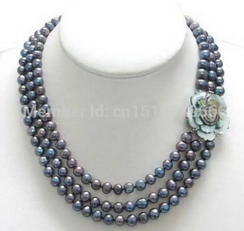 3-Row 7-8mm Pearl Shell Flower Clasp Necklace