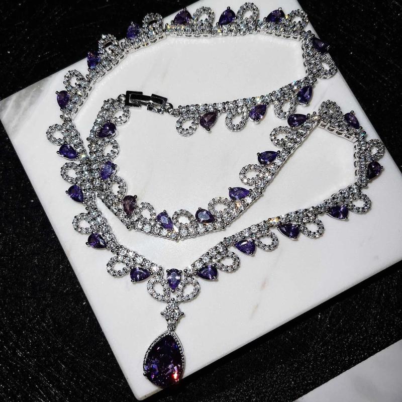 Vintage Silver Amethyst Long Necklace Pendant Chain Choker