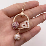 925 Silver Charm Hand-painted Rose Heart Red Lip Ball Pendant Necklace