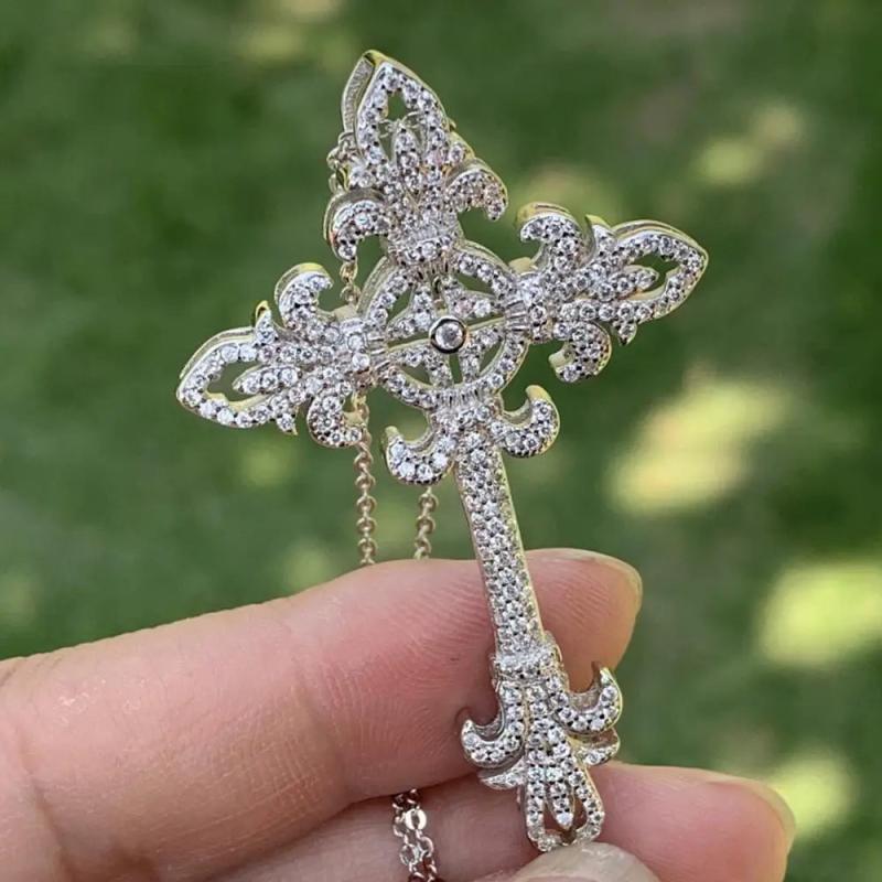 925 Silver Cross Key Pendant CZ Wedding Flower Necklace