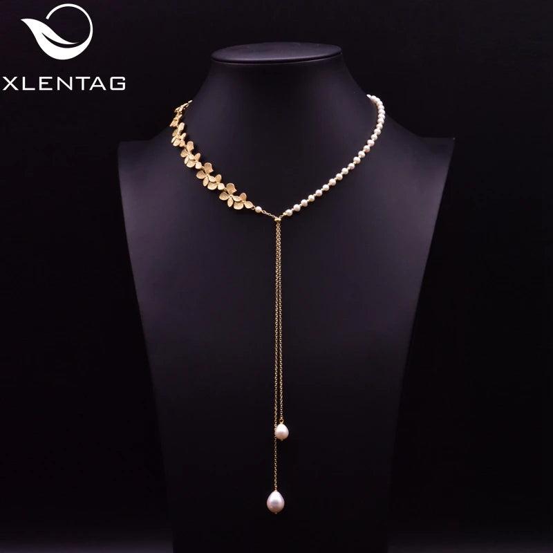 Metal Flowers Natural Pearls Necklaces Long Pendant Amethyst Asymmetrical