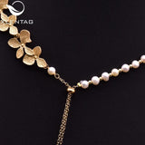 Metal Flowers Natural Pearls Necklaces Long Pendant Amethyst Asymmetrical