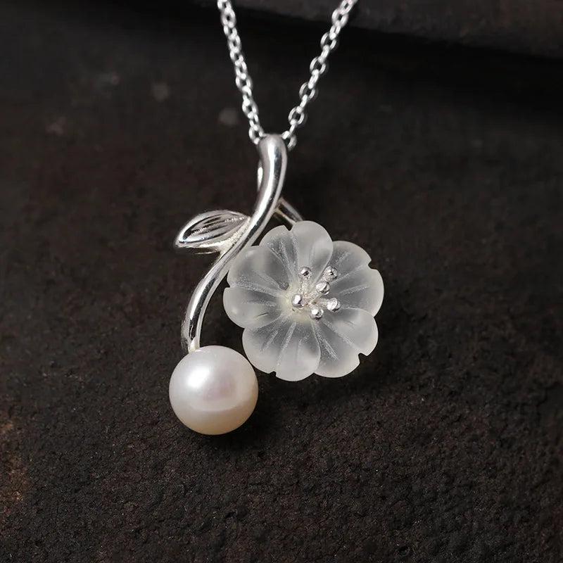 925 Silver Freshwater Pearl Pendant Necklace Retro Crystal Choker XL028