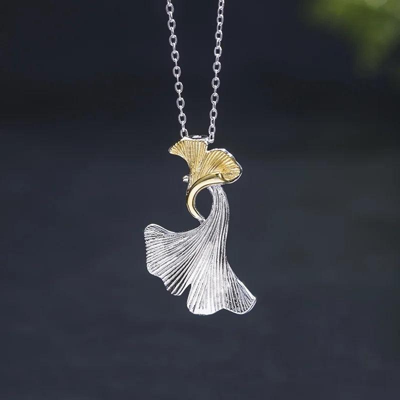 925 Silver Choker Necklace Ginkgo Leaf Pendant Chain XL26