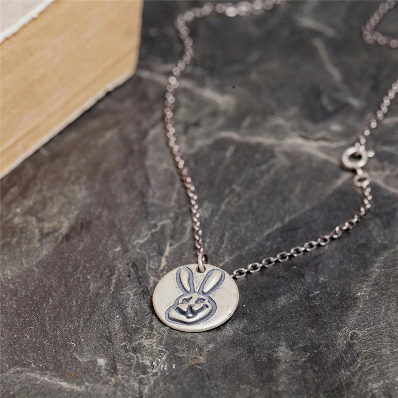 925 Sterling Silver Bunny Coin Pendant Necklace Punk Style