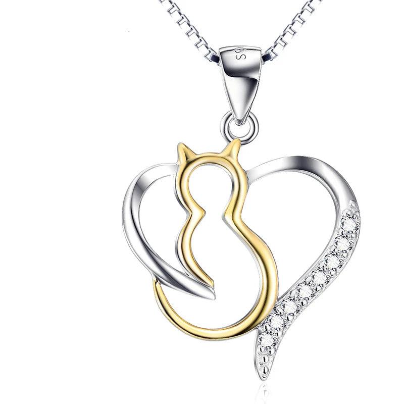 S925 Sterling Silver Cat Pendant Necklace with Crystal