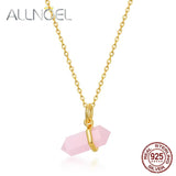 925 Silver Pink Crystal Pendant Necklace Rhombus Pillar Synthetic Rose Quartz