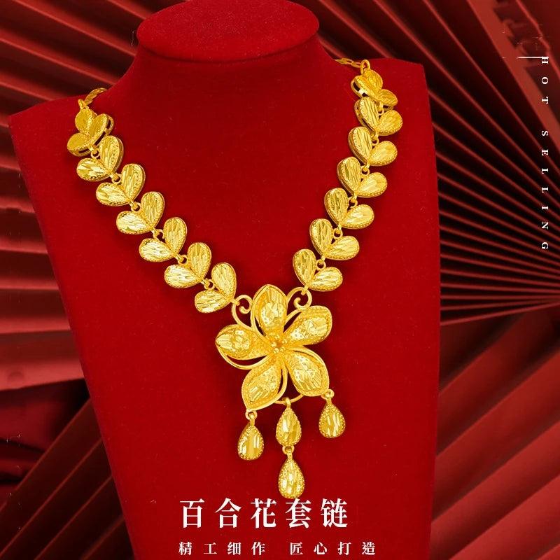 Flower Lily Tassel 24KT Necklace Fine Jewelry Woman Bride