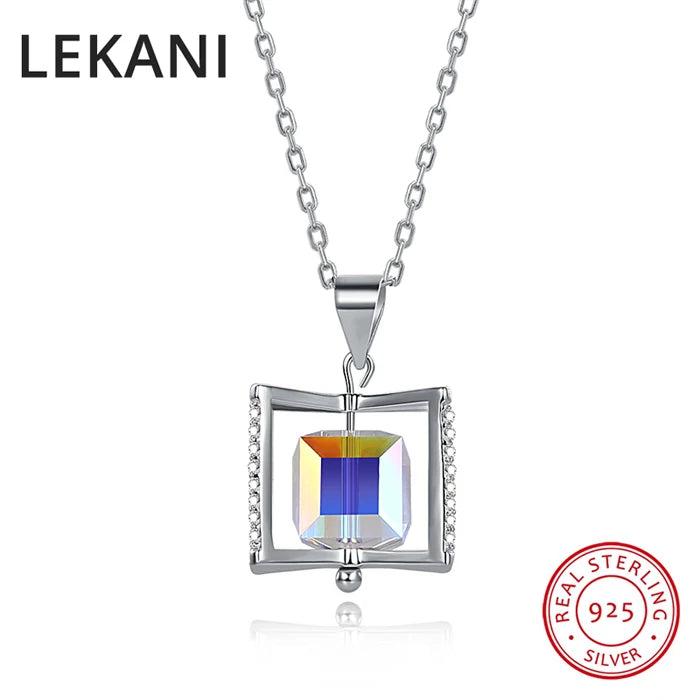 Austria Crystal Cube Rotating Pendant Necklace 925 Silver Jewelry