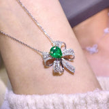 ANGEL Silver Emerald Gemstone Bow Pendant Zircon Necklace