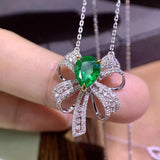 ANGEL Silver Emerald Gemstone Bow Pendant Zircon Necklace