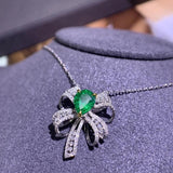 ANGEL Silver Emerald Gemstone Bow Pendant Zircon Necklace