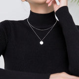 Real 925 Sterling Silver Double Rows Beads Chain Coin Pendant Necklace