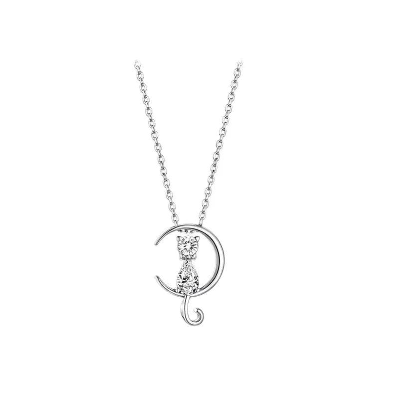 Sterling Silver Women's Cat Moon Necklace Holiday Gift