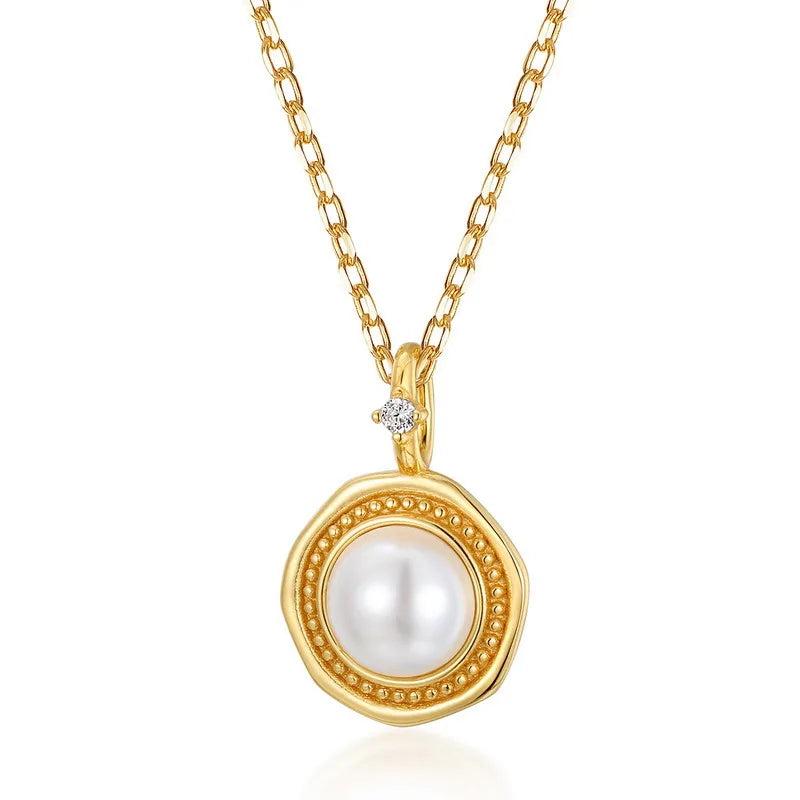 Geometric Diamond Pearl Silver Pendant Vintage Necklace