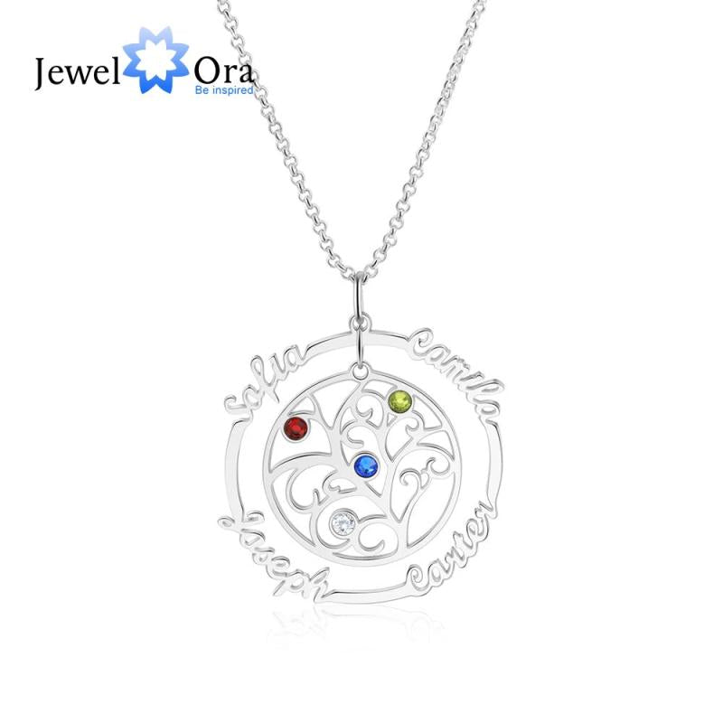 JewelOra 925 Silver Family Tree Necklace with Birthstones Name Pendant