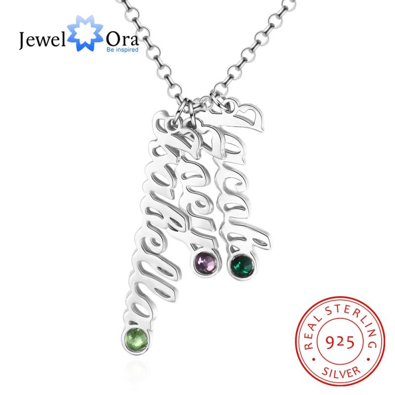 JewelOra Personalized Name Necklace with 3 Birthstones - 925 Silver