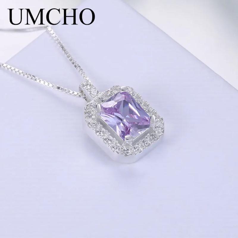 925 Silver CZ Chain Necklace Pendent Clear Red Pink Purple for Women