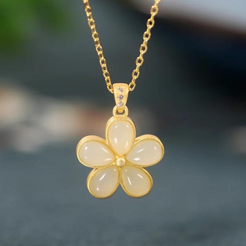 925 Silver Hetian Jade Necklace Gilt Chalcedony Flower Pendant Birthday Gift