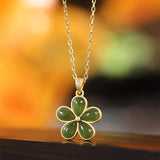 925 Silver Hetian Jade Necklace Gilt Chalcedony Flower Pendant Birthday Gift
