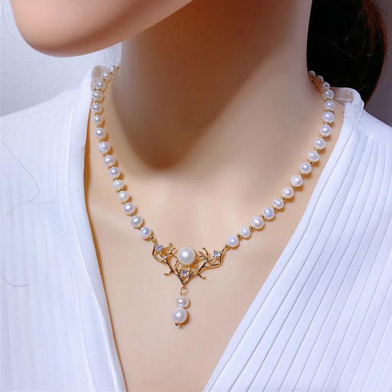 Natural Freshwater Pearl Necklace with Deer Head Pendant for Women