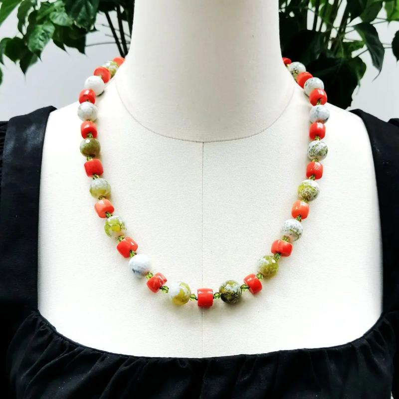 Real Stone Green Orange Necklace Agate Crystal Coral Necklace Women Jewelry Gift
