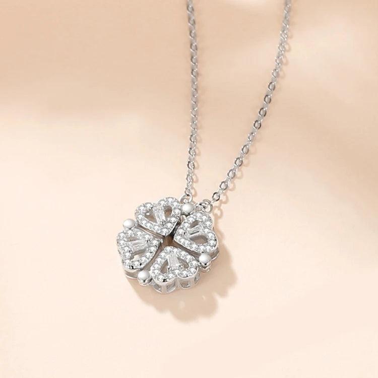 Four Leaf Clover Pendant Silver Necklace CZ Diamond Women Present