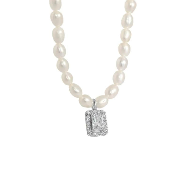 925 Silver Zircon Pendant Pearl Chain Choker Necklace Wedding Jewelry