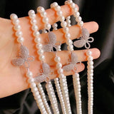 High-end Pearl Necklace Sweater Chain with Butterfly Decoration