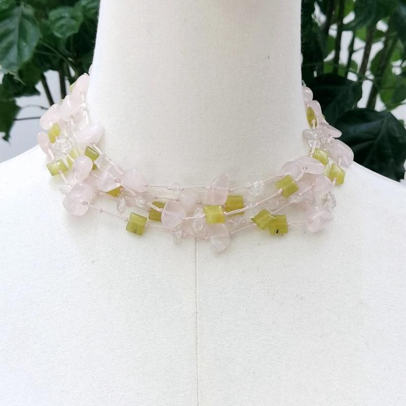 Real Stone Pink Green Necklace - Rose Quartz Lemon Jade Choker