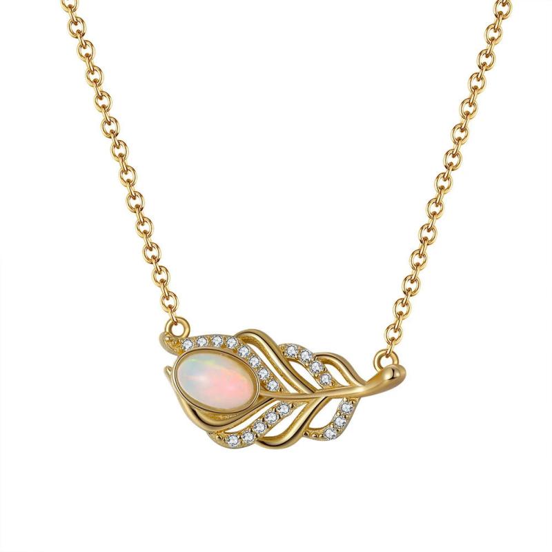S925 Silver Necklace Leaf Pendant Opal Diamond Jewelry