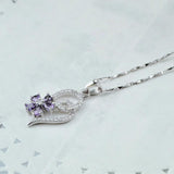 925 Silver Necklace Purple Zircon Flowers Choker Jewelry