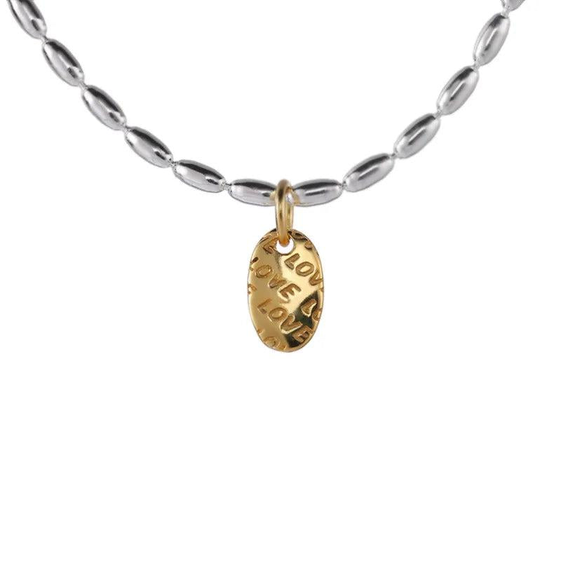 925 Silver Beads Chain Choker Necklace with Oval Pendant for Women
