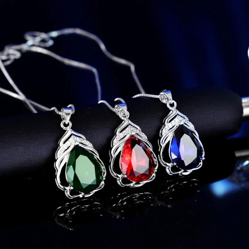 S925 Sterling Silver Water Drop Pendant Necklace Green Red