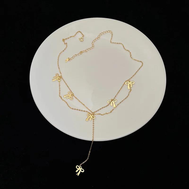 925 Silver Necklace Double Layer Bow Pendant Choker for Women