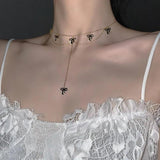 925 Silver Necklace Double Layer Bow Pendant Choker for Women