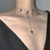 925 Silver Necklace Double Layer Bow Pendant Choker for Women
