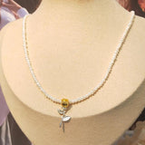 Real Pearl Mini Necklace 925 Silver Rose Flowers Pendant for Women