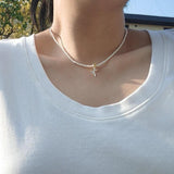 Real Pearl Mini Necklace 925 Silver Rose Flowers Pendant for Women