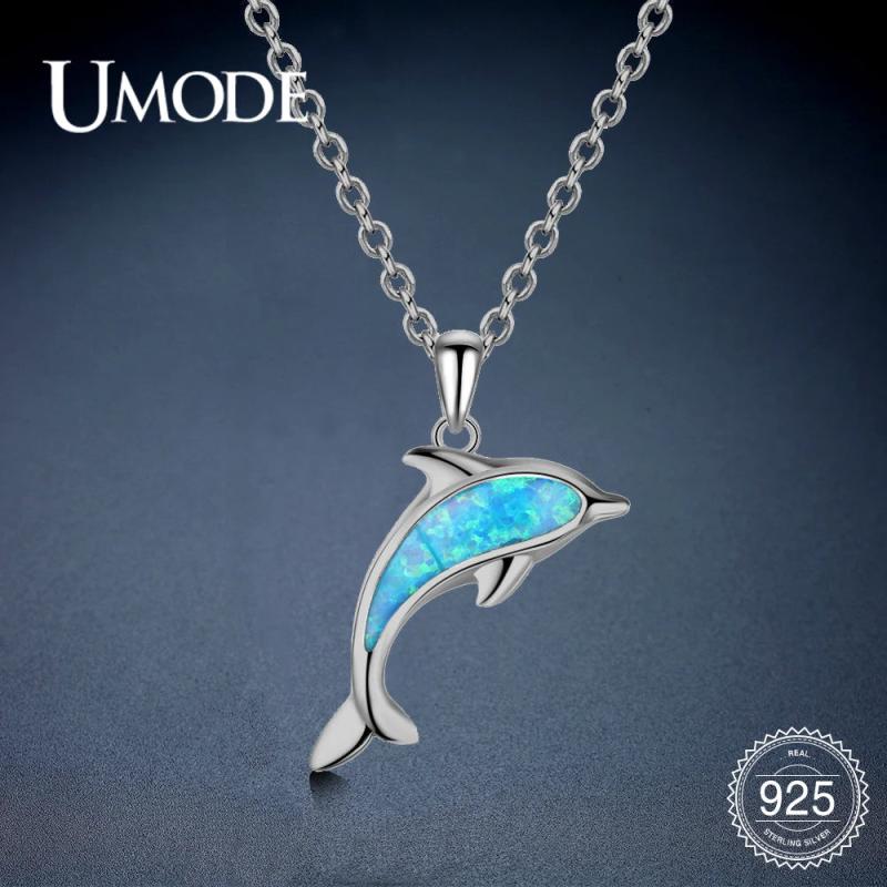 925 Sterling Silver Opal Dolphin Pendant Necklace for Women ULN0481