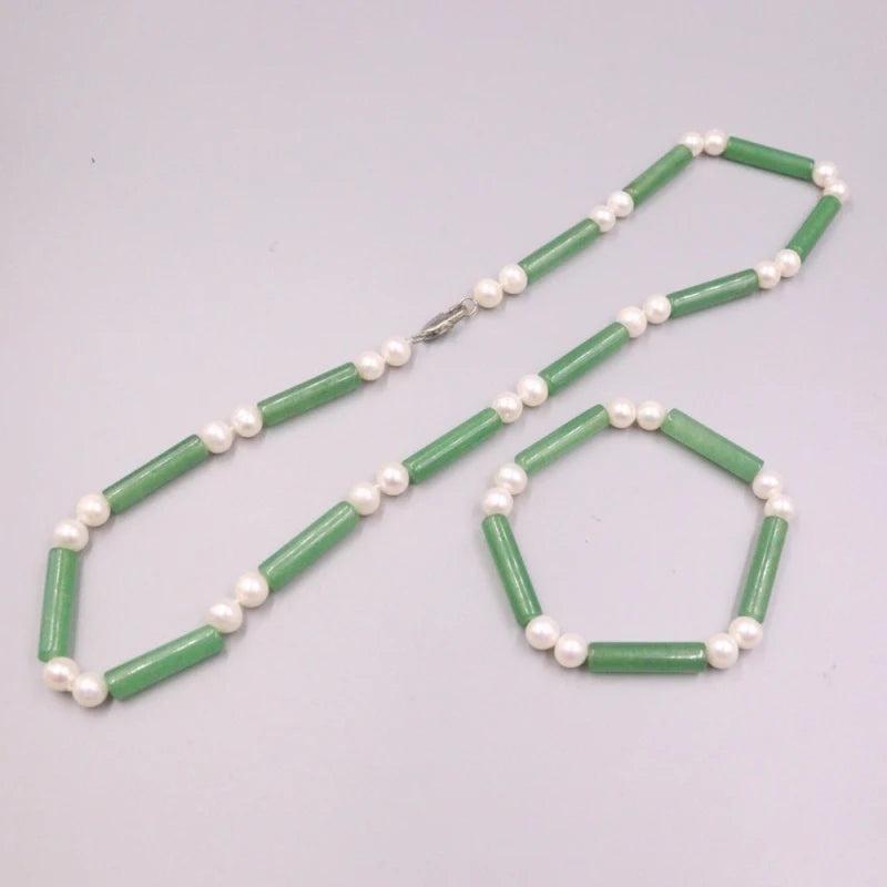 Green Jade Long Column Pearl Beads Chain Necklace Bracelet Set
