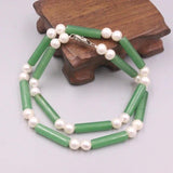 Green Jade Long Column Pearl Beads Chain Necklace Bracelet Set