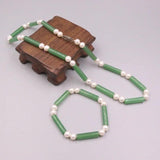 Green Jade Long Column Pearl Beads Chain Necklace Bracelet Set