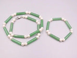 Green Jade Long Column Pearl Beads Chain Necklace Bracelet Set