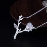 S925 Sterling Silver Brushed Branch Pendant Crystal Plum Blossom Necklace
