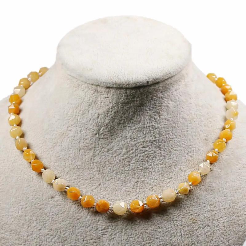 Yellow Jade Quartz Necklace Gem Face Beads Silver 925 Button Necklaces